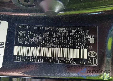 2017 Toyota Corolla Le from USA, damaged, VIN 2T1BURHEXHC889277